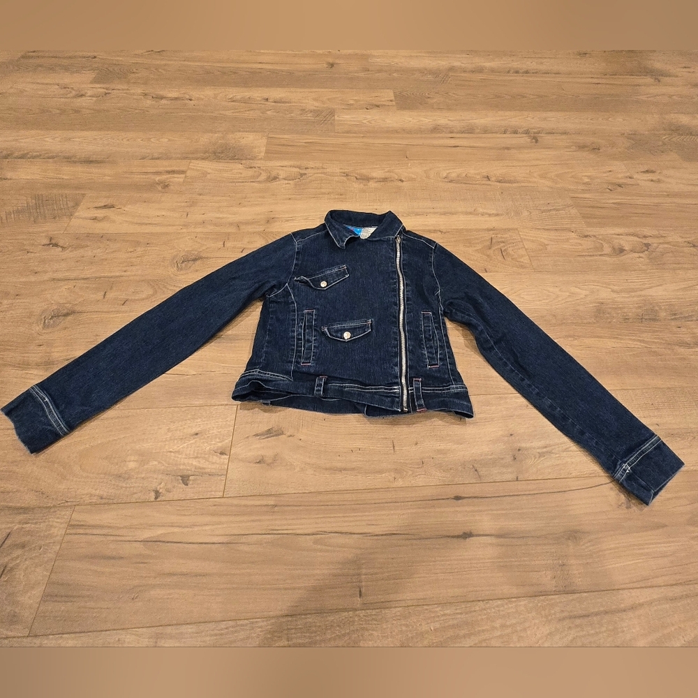 Y2K Retro Girls Dark Denim Wash Zip Up Jean Jacket Size 14/16